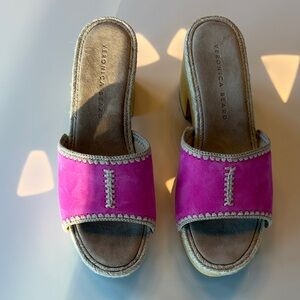 Veronica Beard Fuchsia Mules with Tan Accents
